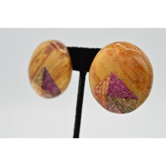 Vintage Round Earrings Handcrafted Lacquered Wood Reptile Snake Print NOS 80s 9D - Picture 2 of 9